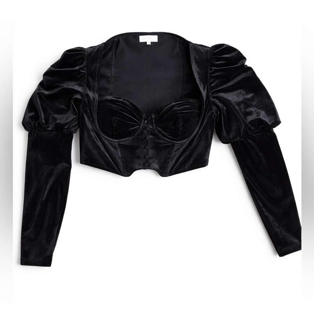 House of CB Black Velvet Puff Sleeve Crop Top